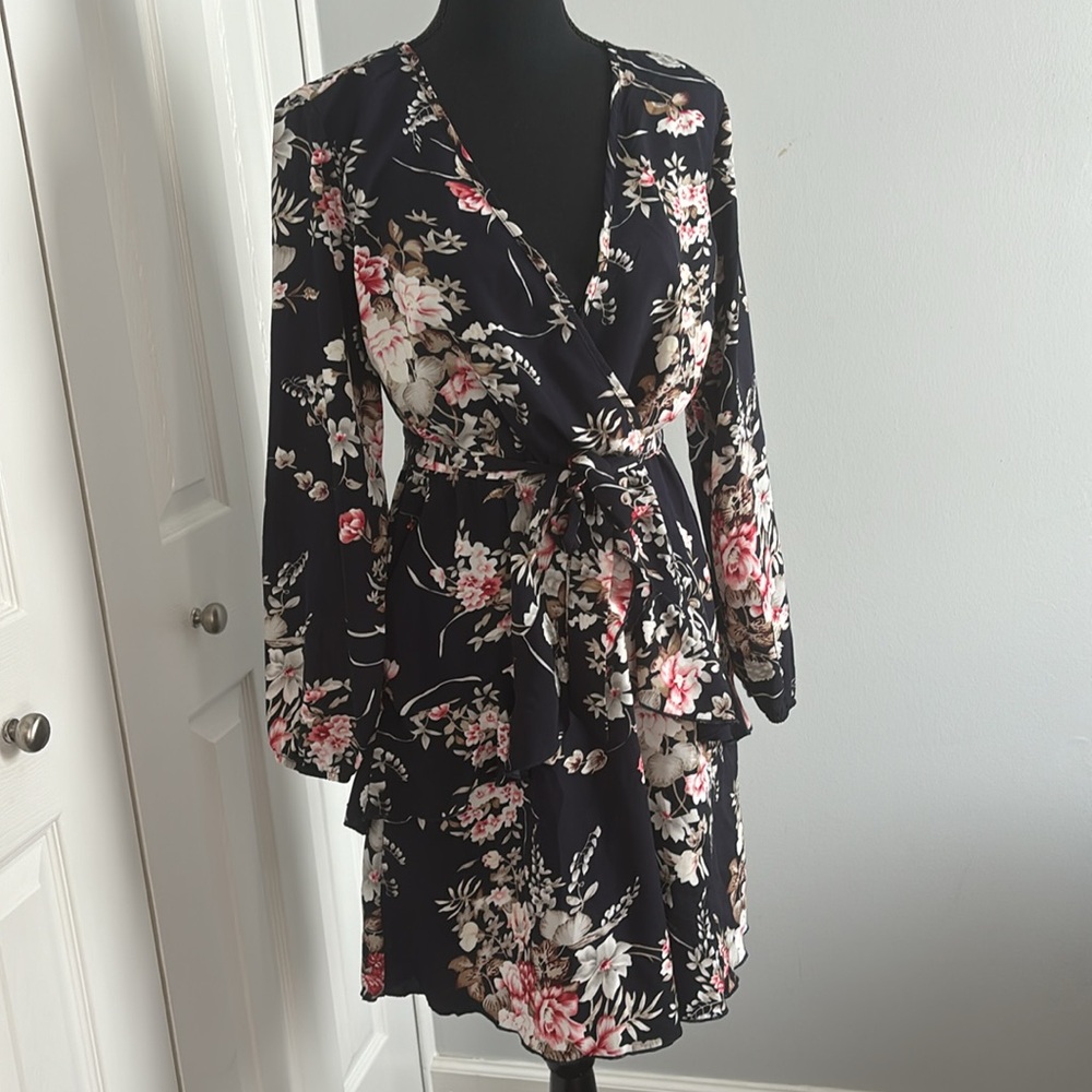 Long Sleeve Floral Mini Cocktail Party Wedding Guest Dress with Belt